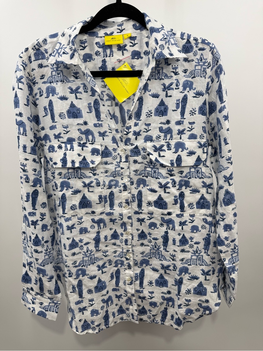 Roberta Roller Rabbit Valentina Nilasha Indigo Linen Button Down Shirt Size M